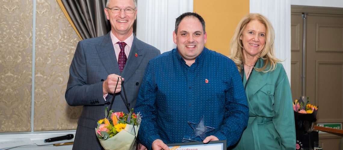 Jack Ansell with Mark Lever, Chief Executive Helpforce, and Maeve Hully, Director of Volunteering Helpforce.